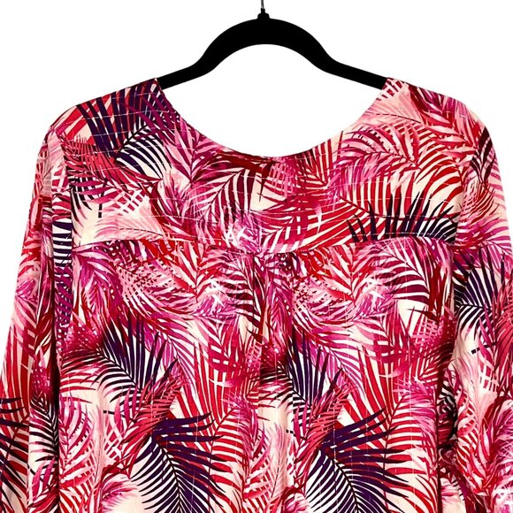 Palm Print Blouse Size 1X by Dear Grace Pink Purple Tropical 3/4 Sleeves VGUC - Picture 7 of 11